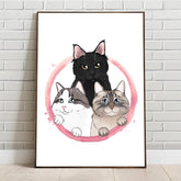 Custom Cartoony Handdrawn Pets Portrait in Colorful Circle - With all of your pets! - Adventures of Rubi